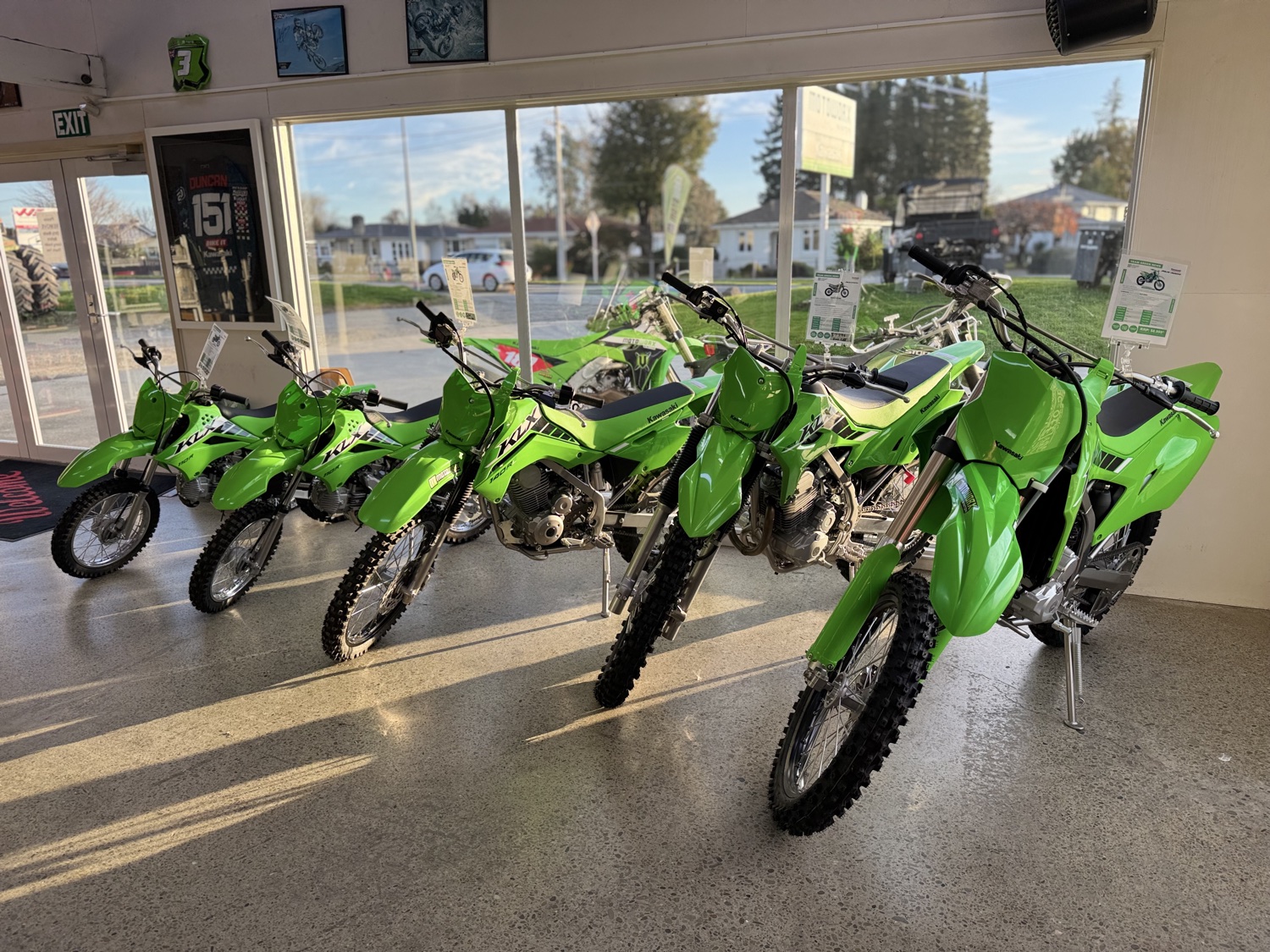 A range of Kawasaki motorcycles at Motoworx