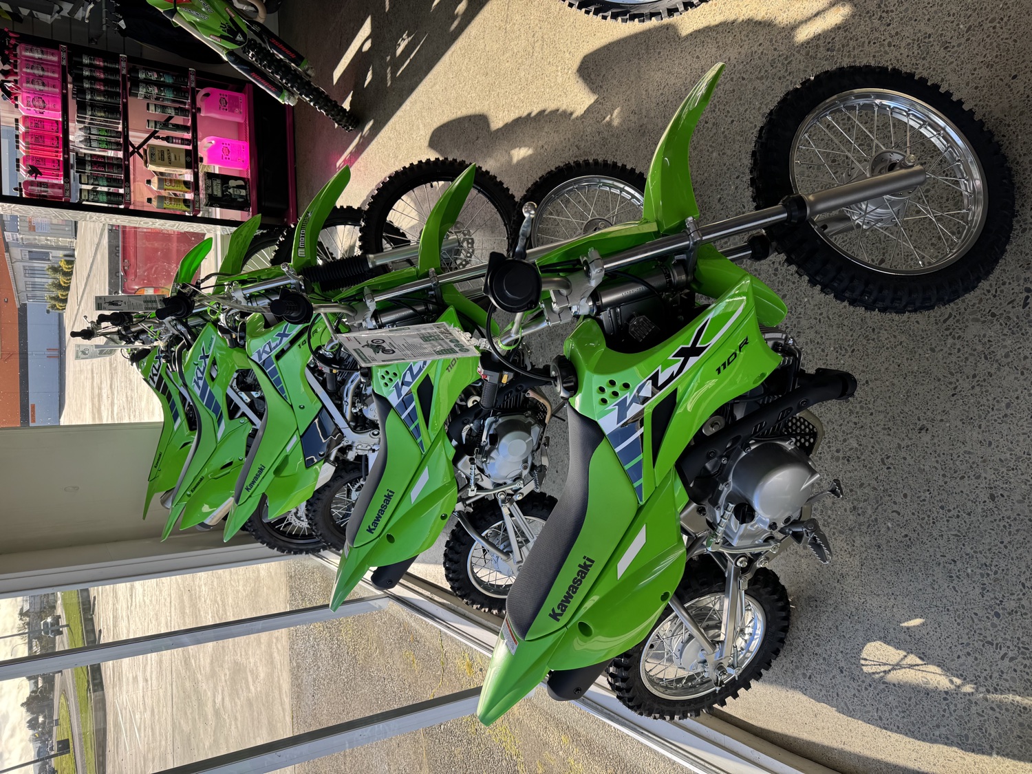 Kawasaki bikes displayed in the showroom