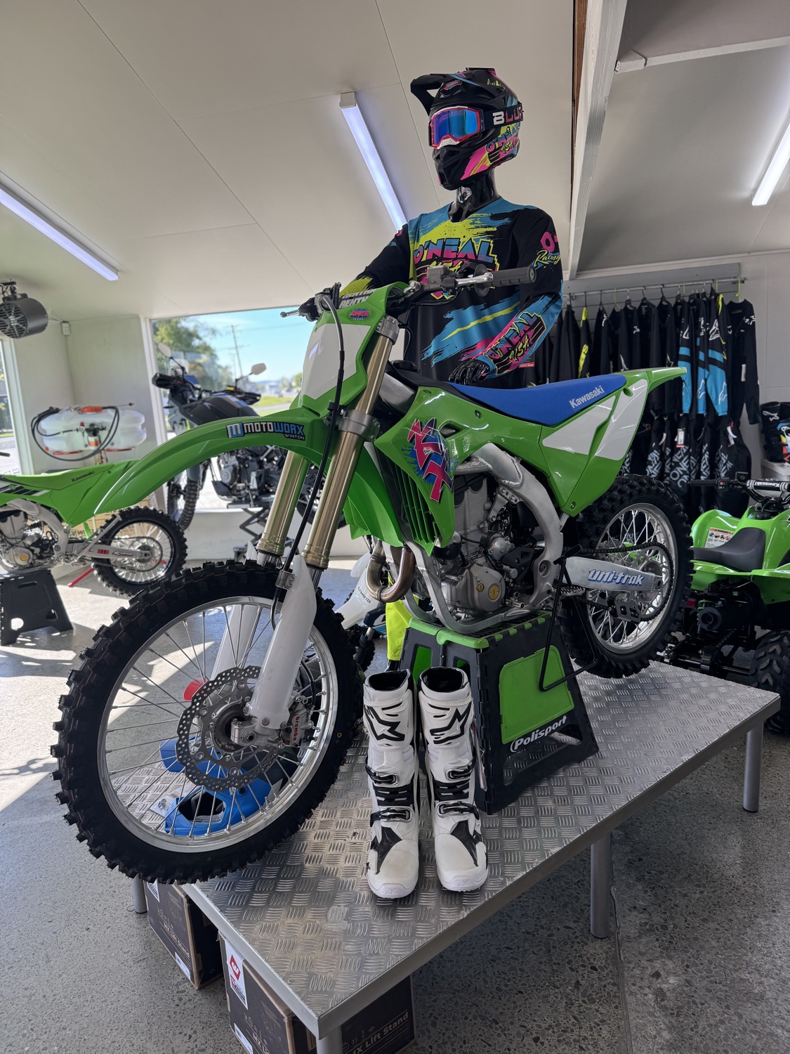 A Kawasaki motorcycle in the showroom